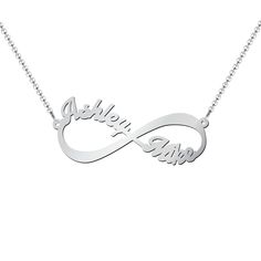 Sterling Silver Infinite Love Name Necklace | Jewlr Elegant Silver Infinity Name Necklace, Silver Infinity Name Necklace, Infinity Name Necklace For Anniversary, Customized Infinity Name Necklace, Infinity Name Necklace For Mother's Day, Elegant Infinity Name Necklace With Custom Name, Personalized Infinity Jewelry In White Gold, Personalized Infinity White Gold Jewelry, Elegant Infinity Customized Name Necklace