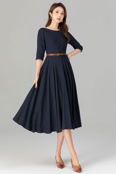 Navy A-line Midi Dress For Spring, Pretty Formal Dresses, Tailored Clothes, Linen Dress Women, Dress Simple, The Navy, Boat Neckline, Navy Dress, Linen Dress