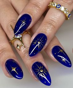 Old Hollywood Inspired Nails, Moon Acrylic Nail Designs, Astrology Themed Nails, Blue Witch Nails, Shadow And Bone Nails, Ravenclaw Nails Acrylic, Dark Blue Celestial Nails, Velaris Inspired Nails, Raven Claw Nails