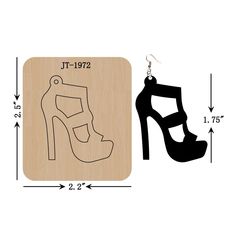 a pair of high heeled shoes is shown next to a wooden plaque with measurements