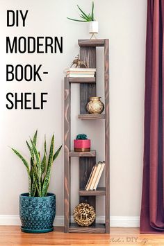 a wooden shelf with books on it next to a potted plant