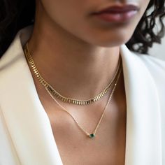 This necklace features a simulated emerald baguette stone on a delicate, diamond-cut cable chain from our signature O Collection. Pair it with other necklaces from this collection. Our patented connectors let you easily link and layer necklaces in any order you desire. Pendant: Height 3mm x Width 7mm Adjustable chain: 15-17in (38-43cm) When layered, chain length is: 15-21in (38-53cm) Learn more Emerald Green Baguette Stone, Gold Vermeil Spring clasp closure Hypoallergenic, lead and nickel free # Elegant Green Cable Chain Necklace, Elegant Green Necklace With Paperclip Chain, Layer Necklaces, Layered Choker Necklace, Layered Chain, Layered Necklace Set, Stone Gold, Multi Strand Necklace, Strand Necklace