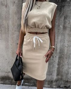 Color: Apricot, Size: M Skirt Two Piece Outfit, Drawstring Skirt, Khaki Fashion, Dress Suit, Enjoy Today, Body Con Skirt, Dress Suits, Fashion Colours, Sporty Style