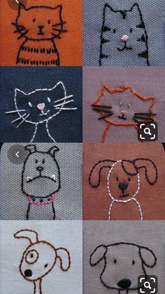 several pictures of cats and dogs on different colored fabrics, each with an animal's face drawn on it