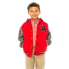 "Boys Varsity Jacket Casual Outerwear With Hoodie  -100% Polyester - Pull On closure - Letter 'A\" Patched  -Button up - Comfortable and cozy for cold weather  - Perfect for out going" Fleece Outerwear For Streetwear In Fall, Fleece Outerwear For Fall Streetwear, Fall Fleece Outerwear For Streetwear, Fall Hooded Jacket With Button Closure For Outdoor, Fall Outdoor Hooded Jacket With Button Closure, Red Outerwear With Ribbed Cuffs And Baseball Collar, Casual Fall Windbreaker For College, Fall Hooded Outerwear With Ribbed Cuffs, Varsity-style Cotton Outerwear With Button Closure