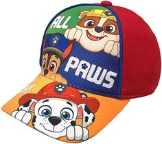 Toddler boy's baseball cap features Chase, Marshall, and Rubble from Nickelodeon's Paw Patrol series. The bright colors and large graphics are sure to please any little Paw Patrol fan. The hook and loop closure makes for easy adjusting to get the perfect fit. In multi. 100% Cotton. Spot clean only. Imported. Multicolor Flat Bill Baseball Cap For Outdoor, Themed Adjustable Baseball Cap, Multicolor Hats For Playtime, One Size Fits Most, Multicolor Playtime Hat, Adjustable Multicolor Hats For Playtime, Adjustable Multicolor Hat For Play, Multicolor Play Cap, Adjustable Themed Multicolor Hats, Adjustable Red Hats For Playtime