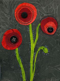 two red flowers with green stems and black centers on a gray background, painted in acrylic