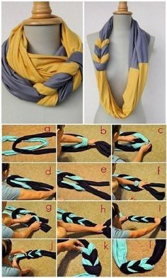 the instructions to make a scarf with different colors and patterns on it, including blue, yellow