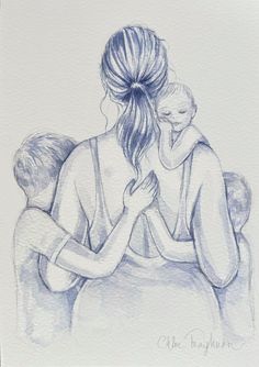 a drawing of a woman holding a baby in her arms with the child's arm wrapped around her