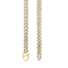 A stunning solid Miami Cuban chain is adorned with brilliant round diamonds in this luxurious necklace. Solid 18K gold Gold weight: 112.03 grams 8.2mm-wide Miami Cuban chain 6-3/8 cts. t.w. of handset diamonds, each with a color of G and clarity of SI2 The 22.0-inch necklace secures with a custom clasp Luxurious designs crafted in Italy Formal Yellow Gold Diamond Necklace With Chain, Formal Round Diamond Necklace With Gold Chain, Formal Diamond Necklace With Gold Chain, Luxury Cuban Link Chain Necklace For Formal Occasions, Formal Round Figaro Chain Necklace, Formal Figaro Chain Necklace, White Gold Cuban Link Tennis Necklace, Yellow Gold Cuban Link Diamond Bracelet, Formal Gold Diamond Bracelet With Cuban Link