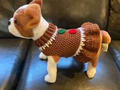 a small dog wearing a sweater on top of a couch