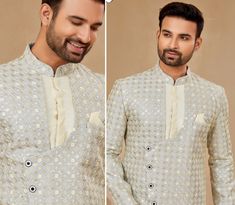 Designer mens indo western suit set sherwani collection for wedding , party wear function, ceremony function , gift for him. Its set of Sherwani/ indo with pajama which is indian attire dress outfit. groom sherwani or indo western dress. its made of fine fabric art silk fabric with digital work pattern on it. we are offering various size with 3 color option to buyer.  Fabric - Art Silk with Digital work Size - 34, 36, 38, 40, 42, 44, 46, 48, 50, 52, 54 Color- Silver & Cream   Wash Care- Dry Clea Designer Wear Sherwani In Straight Kurta Style, Bollywood Style Groom Kurta For Diwali, Bollywood Style Semi-formal Kurta For Diwali, Semi-formal Straight Kurta Sherwani For Eid, Semi-formal Sherwani For Eid With Straight Kurta, Eid Bandhgala For Groom With Straight Kurta, Festive Straight Kurta For Groom, Semi-formal Sherwani With Pallu For Eid, Semi-formal Sherwani With Resham Embroidery For Diwali