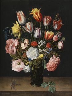 a painting of flowers in a vase on a table