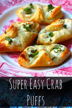 some appetizers are sitting on a plate with the words super easy crab puffs