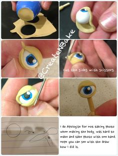 the instructions for making an eyeball doll with scissors and glue are shown in four different pictures