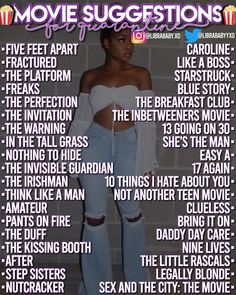 a woman in ripped jeans standing next to a brick wall with the words movie suggestions on it