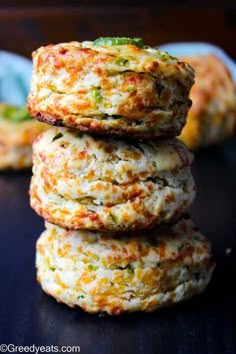 three crab cakes stacked on top of each other