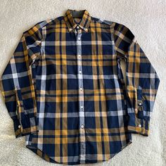 Nwot- Never Worn Quality Woven Shirts, Tailored By J Crew 100% Cotton Classic Navy, Yellow And White Plaid Size Xs Smoke Free Home Bundle & Save J Crew Factory, White Plaid, Casual Shirts For Men, Plaid Shirt, Casual Button Down Shirts, Cotton Weaving, Blue Yellow, J Crew, The 100