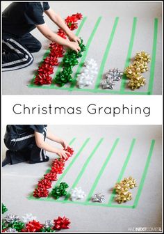 two pictures showing how to make christmas graphing with colored paper and ribbon on the floor