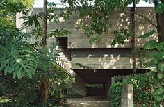 the entrance to a house surrounded by trees and bushes with stairs leading up to it