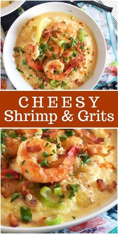 cheesy shrimp and grits in a white bowl with garnish on top