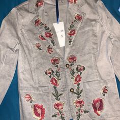 Super Cute Brand New Taupe W/ Floral Embroidery Blazer Stye Jacket Embroidered Red Outerwear For Spring, Red Outerwear With Floral Embroidery For Spring, Casual Embroidered Blazer For Spring, Casual Embroidered Blazer For Fall, Spring Casual Embroidered Blazer, Casual Embroidered Blazer With Long Sleeves, Red Embroidered Outerwear For Spring, Fitted Floral Embroidery Blazer For Spring, Casual Spring Embroidered Blazer