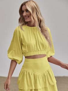 Open Back Top, Plain Tops, Bishop Sleeve, Women Blouses, Modern Dress, Dress Shapes, Western Dresses, Women Tops, Yellow Dress