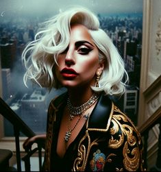 a woman with white hair and makeup wearing gold jewelry stands in front of a staircase