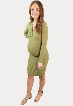 Our twist maternity dress is an ultra flattering outfit every mama needs in their wardrobe! Constructed of an ultra lightweight material guaranteed to keep you and your growing bump covered without any bulk. Perfect for a date night or a girls night out! The bodycon fit is flattering throughout all nine months of pregnancy and beyond. Spring Nursing-friendly Fitted Maternity Dress, Spring Fitted Maternity Dress Nursing Friendly, Fitted Maternity Dress For Spring, Spring Maternity Dress, Bump-friendly And Fitted, Spring Maternity Dress Bump Friendly And Fitted, Spring Fitted Maternity Dress Bump Friendly, Spring Maternity Dress Fitted And Bump Friendly, Ruched V-neck Maternity Dress, Spring Maternity Dress With Stretch