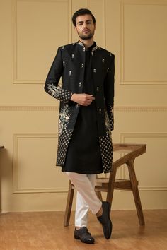 Black jacket embroidered with floral patterns embellished with cutdana and sequin. Comes with plain kurta and pant.
Components: 3
Pattern: Embroidered
Type Of Work: Cutdana,Squin
Neckline: Jacket and Kurta: Mandarin Collar
Sleeve Type: Jacket: Full
Fabric: Semi Raw Silk
Color: Black
Other Details: 
Side slits
Closure: Kurta: Button
Occasion: Sangeet,Cocktail and Reception - Aza Fashions Peach Color Palette, Types Of Silk Fabric, Dark Peach Color, Peach Color Palettes, Plain Kurta, Wedding Kurta For Men, Indian Groom Wear, Sleeves Details, Kurta Set For Men