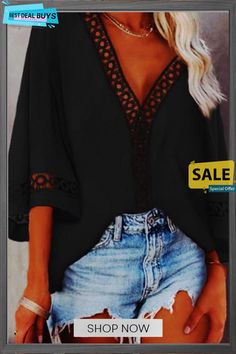 Hollolw V Neck Loose Blouse Bohemian V-neck Solid Color Blouse, Black V-neck Blouse For Beach, Black V-neck Blouse For Vacation, Non-stretch V-neck Blouse For The Beach, Black V-neck Beach Blouse, Loose Blouse, Top Blouse, Shop Now, V Neck