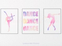 three watercolor prints with the words dance and a dancer