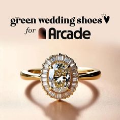 an advertisement for green wedding shoes for arcade featuring a ring with a large diamond in the center