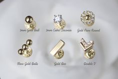 different types of gold and diamond studs on a white cloth with words describing them