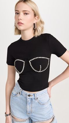 Area Crystal Bustier Cup T-Shirt | Shopbop Embellished T-shirt For Night Out, Short Sleeve Tops With Rhinestones For Night Out, Fitted Rhinestone Crew Neck T-shirt, Fitted Short Sleeve Crop Top For Party, Short Sleeve Crop Top For Party, Fitted Crew Neck T-shirt With Rhinestones, Fitted Rhinestone T-shirt For Party, Embellished Short Sleeve Tops For Night Out, Rhinestone Embellished Short Sleeve T-shirt For Night Out