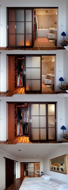 three pictures of the inside of a house with closets and bed in each room