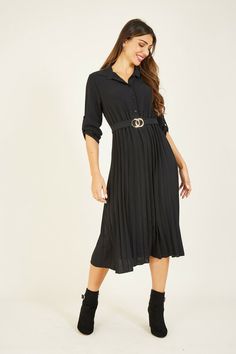 Providing a staple for smart-casual dressing, this Pleated Midi Shirt Dress is cut in a mid-length silhouette with long jersey sleeves. Pleated Skirt Midi, Shirt Midi Dress, Pleated Shirt Dress, Dress With Collar, Black Pleated Skirt, Shirt Dresses, Black Midi, Midi Shirt Dress, Black Shirt Dress