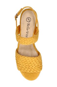 A braided jute wedge and woven detailing play up the textural delight of this elegant espadrille-inspired sandal secured by an adjustable slingback strap. 2" heel Cushioned footbed Textile upper and lining/rubber sole Imported Wedge Sandal, Wedge Sandals, Black Suede, Rubber Sole, Mustard, Womens Sandals, Espadrilles, Almond, Wedges