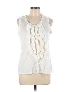 Chico's Sleeveless Blouse Size: Large Tops - used. 100% POLYESTER | Chico's Sleeveless Blouse: Ivory Tops - Size Large Cream Sleeveless Vest Top, Cream Sleeveless Bohemian Blouse, Cream Sleeveless Lace Top Blouse, Feminine Sleeveless Cream Blouse, Sleeveless Cream Blouse With Ruffles, Luxury Cream Sleeveless Top, Sleeveless Cream Top With Ruffles, Cream Sleeveless Top With Ruffles, Cream Sleeveless Blouse With Ruffles