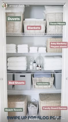 an organized closet with baskets, towels and other items labeled in the words swiff up laundry basket