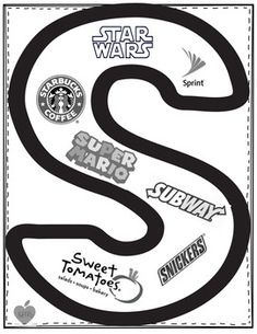 a black and white poster with the letter s in it's center, surrounded by various stickers