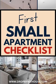 the words first small apartment checklist are in red, white and blue with pictures of furniture