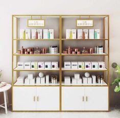 the shelves are filled with different types of beauty products