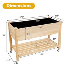 a wooden planter on wheels with measurements for the top and bottom shelf below it