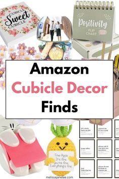 the words amazon cubicle decor finds are overlaid with images of items from different stores