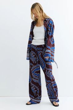 Patterned Twill Pants - High waist - Long - Burgundy/patterned - Ladies | H&M US 2 H&m Wide-leg Workwear Pants, Casual Wide Leg Viscose Pants For Fall, Casual Viscose Wide Leg Pants For Fall, Relaxed Fit High-waisted Viscose Pants, High-waisted Relaxed Fit Viscose Pants, Relaxed Fit Viscose Pants For Fall, Fall Wide-leg Viscose Pants, Fall Viscose Wide-leg Pants, Fall Viscose Bottoms