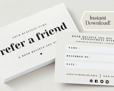 two business cards with the words refer a friend printed on one side and the word refer a friend written on the other