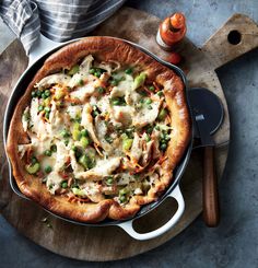 the chicken pot pie skillet pizza is ready to be served in the oven or on the table