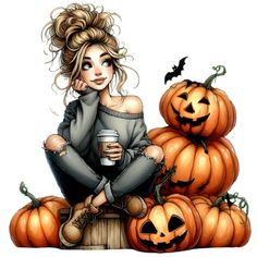 a woman sitting on top of a pile of pumpkins holding a cup of coffee