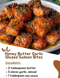 the recipe for honey butter garlic glazed salmon bites